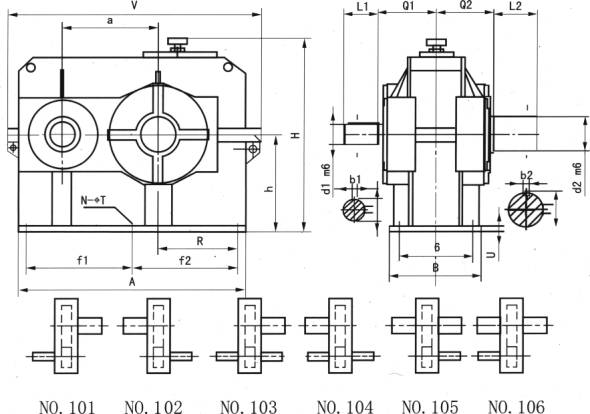 JDX28、JDX36、JDX45、減速機的裝配型式及外形尺寸圖(JC/T878.2-2001)